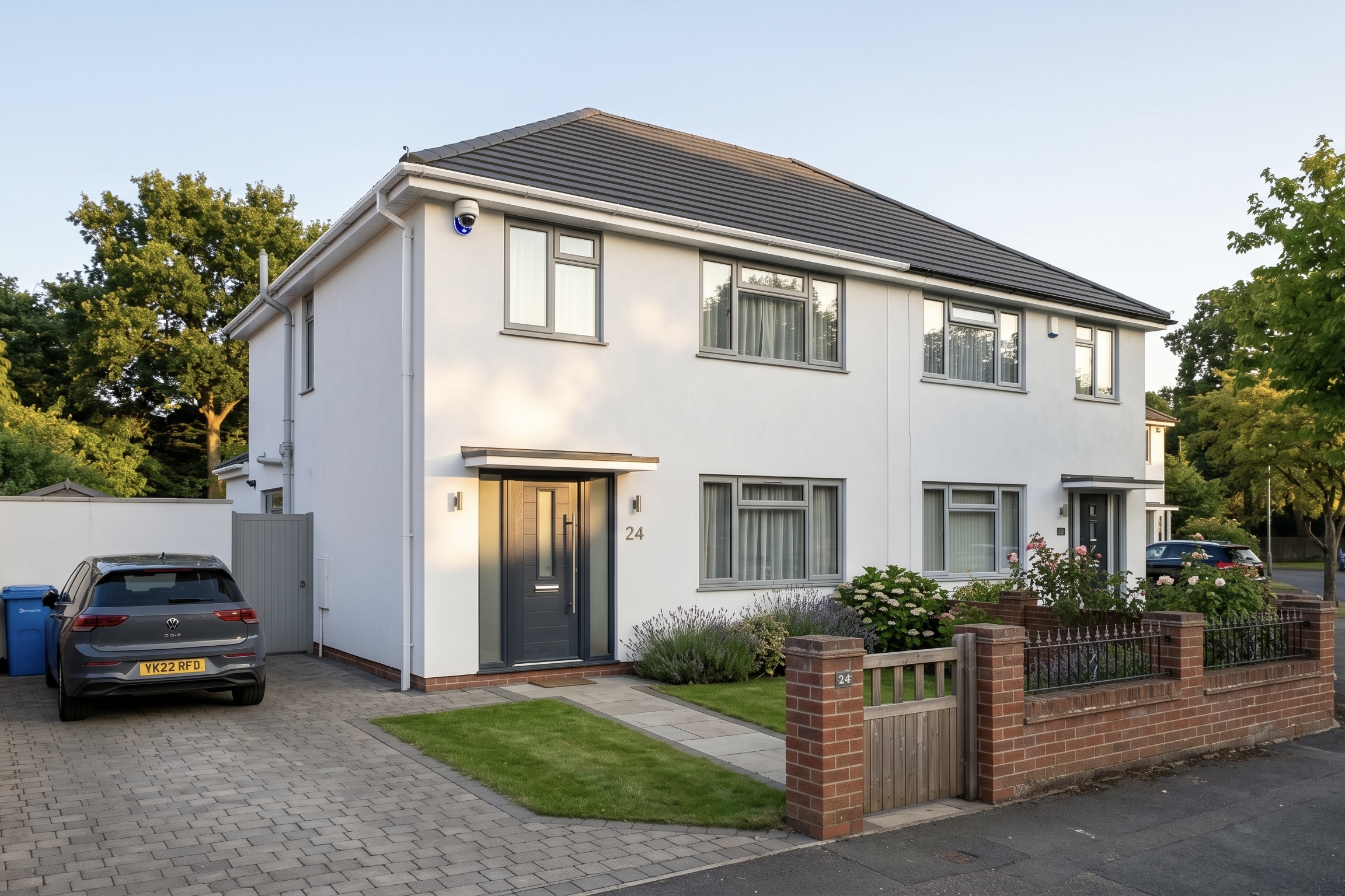 Smart security camera mounted on a modern UK home exterior